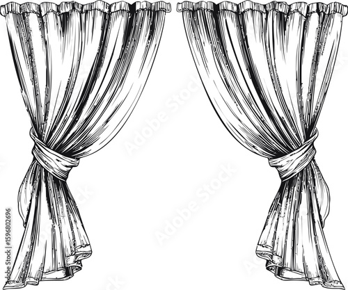 Elegant black and white sketch of two draped curtains with intricate details. Vector illustration