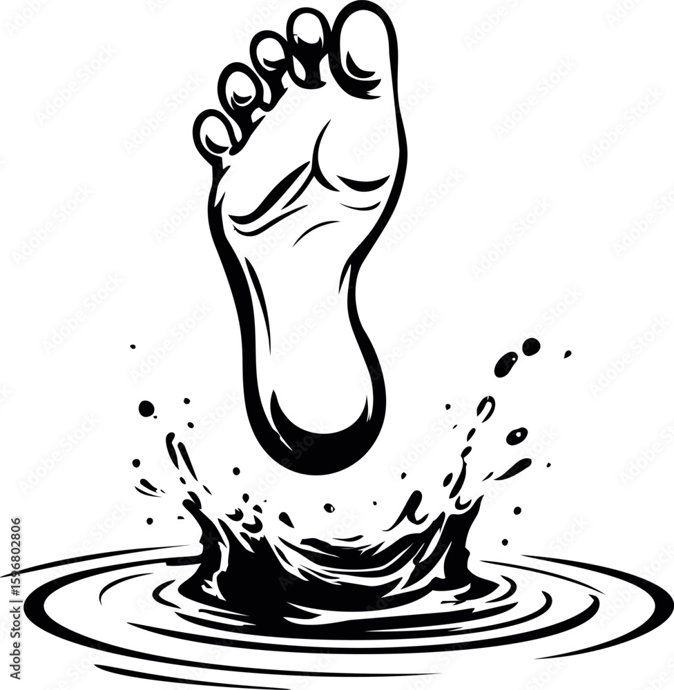 Obraz premium Stylized black and white foot splashing into water, line art illustration. Vector illustration