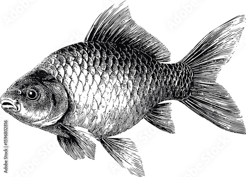 Detailed black and white illustration of a common carp fish, artistic sketch. Vector illustration