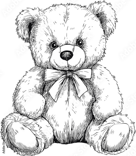 Black and white illustration of a fluffy teddy bear with a ribbon bow. Vector illustration