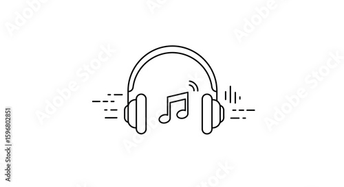 Minimalist headphones with music note and sound waves
