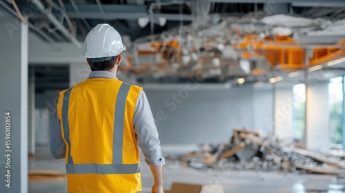 Construction worker in yellow vest inspecting debris, damaged ceiling in a building under construction.