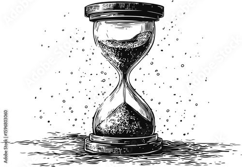 Black and white illustration of an hourglass with falling sand, vintage concept. Vector illustration
