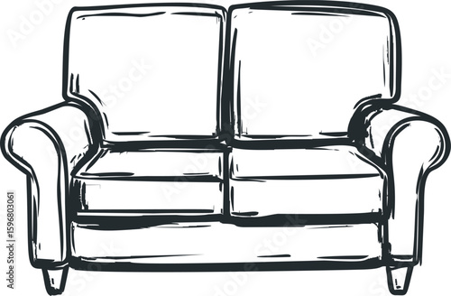 Black and white sketch of a classic two-seater sofa, isolated illustration. Vector illustration