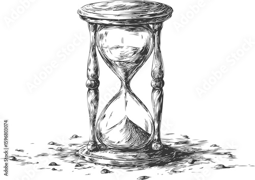Vintage hourglass with sand flowing through its chambers in black and white sketch. Vector illustration