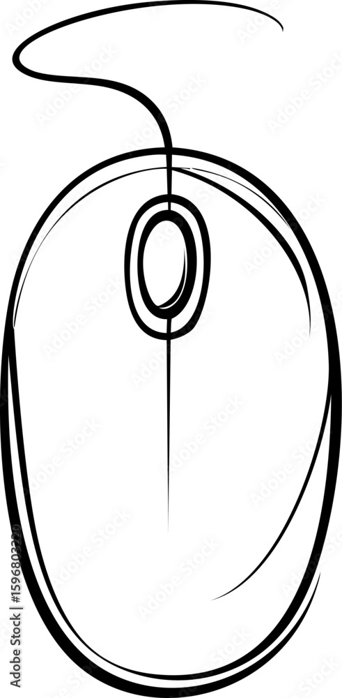 Obraz premium Simple black line drawing of a computer mouse with a curved wire sketch. Vector illustration
