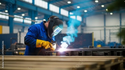 Skilled Man Welding Metal With Bright Sparks In Busy Industrial Factory Workshop Closeup