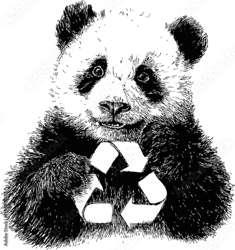 Cute panda in black and white sketch holding a recycle symbol, promoting sustainability. Vector illustration