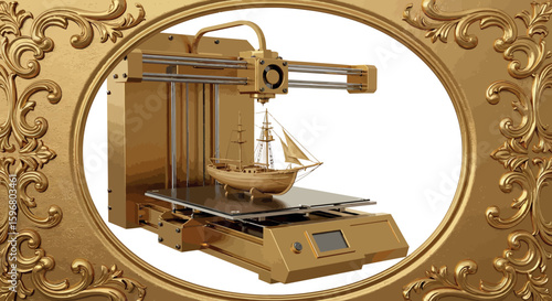 Gold 3d printer creating ship model in ornate oval frame setting