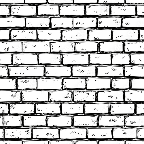 Seamless black and white hand-drawn brick wall pattern illustration. Vector illustration