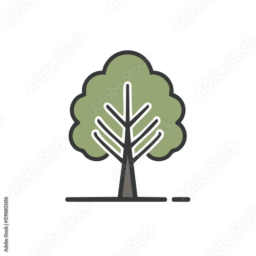 Stylized Tree Icon with Olive Green Foliage and Outline Design Element for Nature or Eco Themes