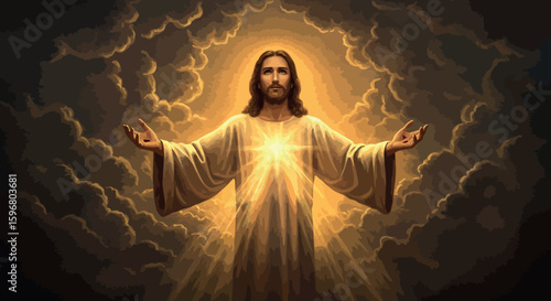 Radiant figure in glowing light with outstretched arms amidst dramatic clouds