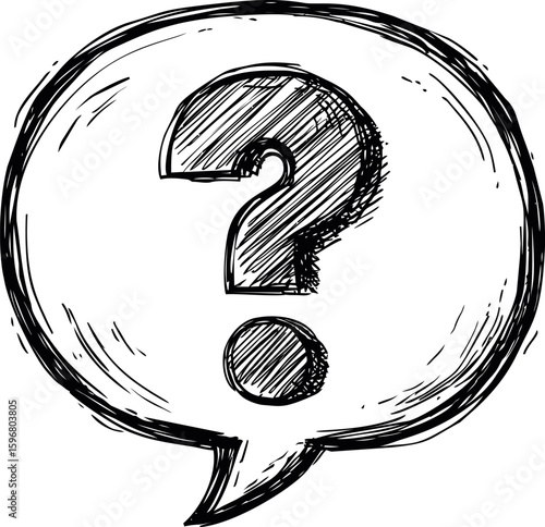 Black hand-drawn question mark inside speech bubble sketch illustration. Vector illustration