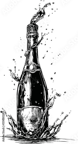 Black and white illustration of a champagne bottle splashing liquid around. Vector illustration
