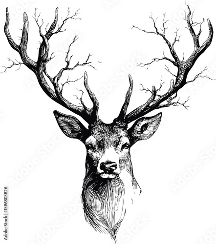 Intricate black and white deer illustration with large branching antlers. Vector illustration