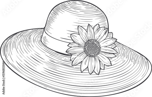 Elegant line drawing of a sun hat with sunflower embellishment, black and white sketch. Vector illustration