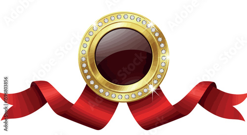 Elegant gold badge with gemstone center and red ribbon on white background