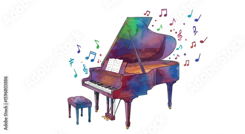 Colorful watercolor grand piano with musical notes and bench