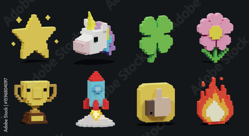 Vibrant collection of 3d pixel art icons featuring playful symbols and objects