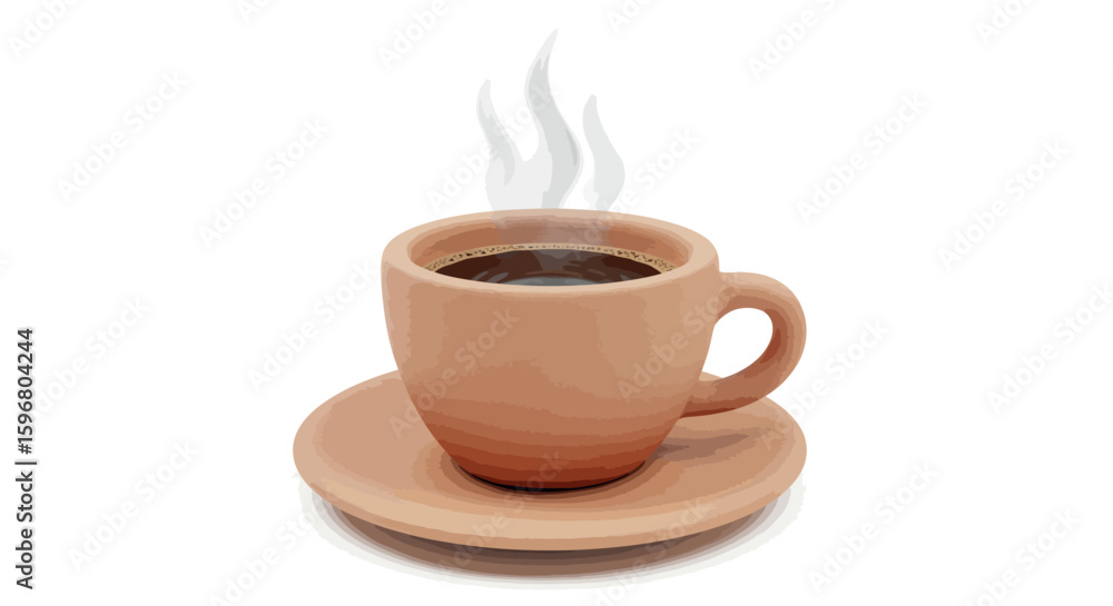 Obraz premium Warm coffee cup with steam on saucer in watercolor style