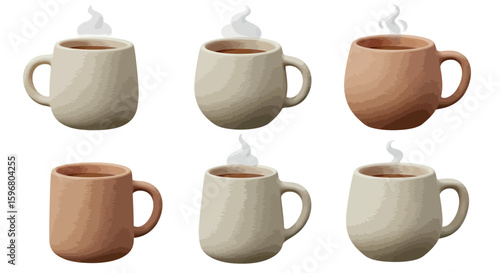 Collection of steaming ceramic mugs in warm earth tones