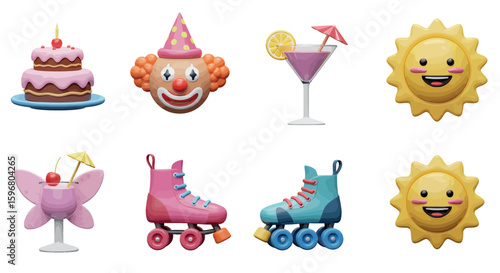 Playful objects: colorful roller skates, clown, and summery sun faces