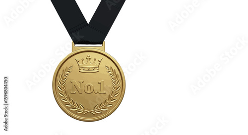 Gold medal with number one logo and black ribbon on white background