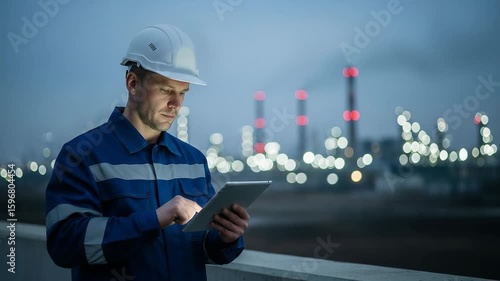 Engineer Concentrating on Digital Tablet at Industrial Site at Night