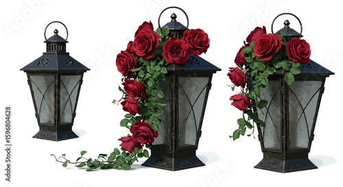Vintage lanterns with cascading red roses on white background