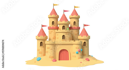 Majestic sand castle with flags and towers on beach