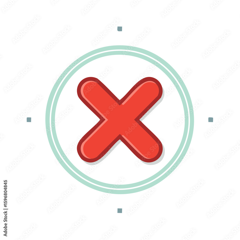 Fototapeta premium Red cross mark icon in a circle, representing rejection, error, cancellation, or a negative choice, in a flat design style.