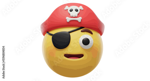 Playful pirate emoji with eye patch and red hat featuring skull design