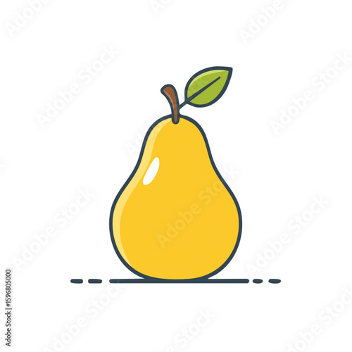 Stylized Yellow Pear with Green Leaf Fresh Fruit Graphic Isolated on White