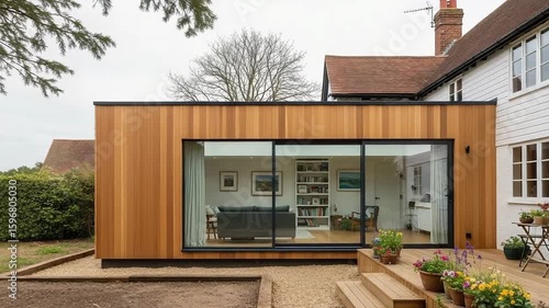 Modern Timber Clad House Extension with Large Glass Doors and Outdoor Deck in Daylight