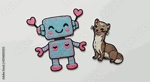 Cute embroidered robot and ferret with hearts in whimsical design