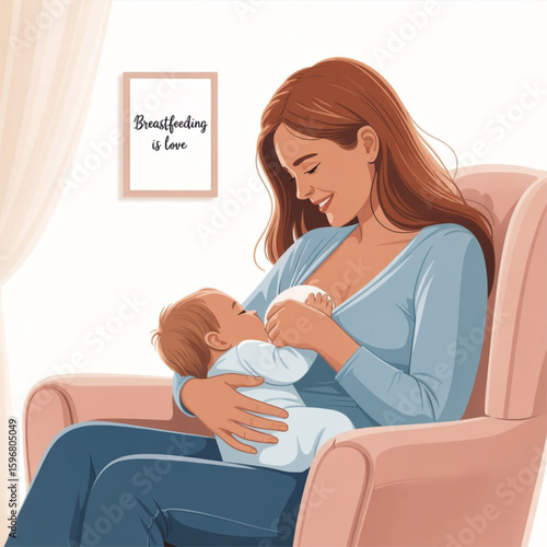 Mother feeding a baby with breast. World Breastfeeding Week. Natural feeding concept, motherhood, maternity leave. Vector illustration on white background.