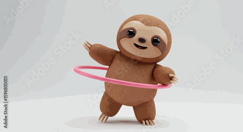 Cute cartoon sloth playing with hula hoop on white background