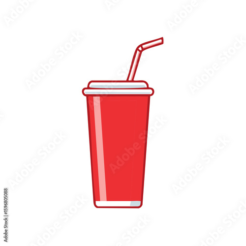 Red plastic cup with straw illustration for drink, isolated on white background. Design element for takeout, cafe, restaurant menus.