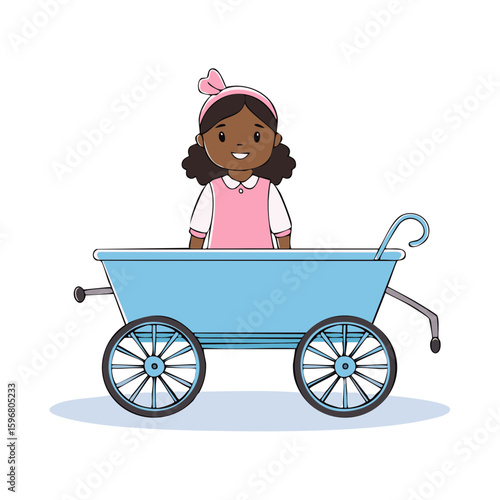 Smiling toddler enjoys a ride in her baby blue carriage, a whimsical illustration of a child's imagination and playtime
