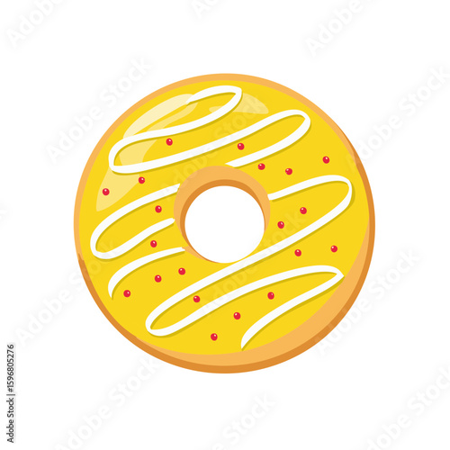 Delicious donut with yellow frosting, white icing drizzle and red sprinkles – sweet treat, colorful dessert
