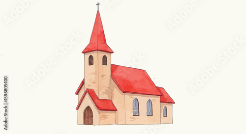 Charming hand drawn church with red roof and tower