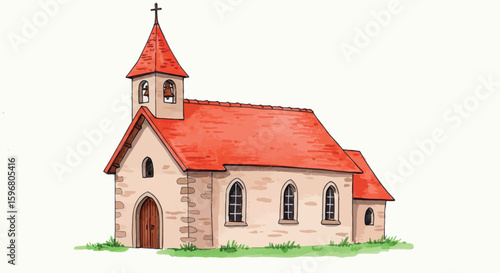 Charming traditional church with red roof and bell tower hand-drawn style