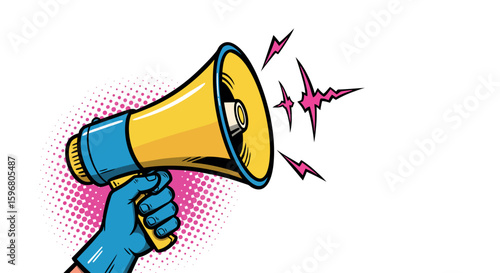 Pop art style megaphone with sound waves in retro comic design