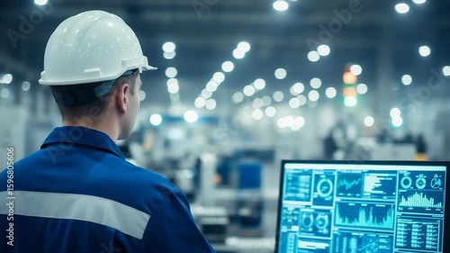 Industrial Professional in Hard Hat Monitoring Complex Data on Computer Screen in Modern Manufacturing Facility