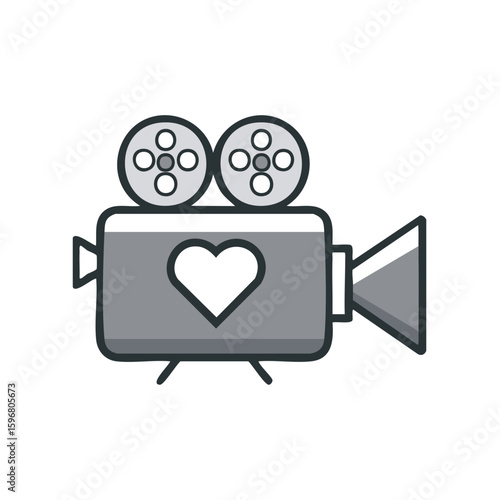 Cute cartoon icon of vintage film camera with heart symbol, filmmaking and romantic theme illustration