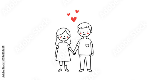 Cute doodle couple holding hands with hearts, simple love design