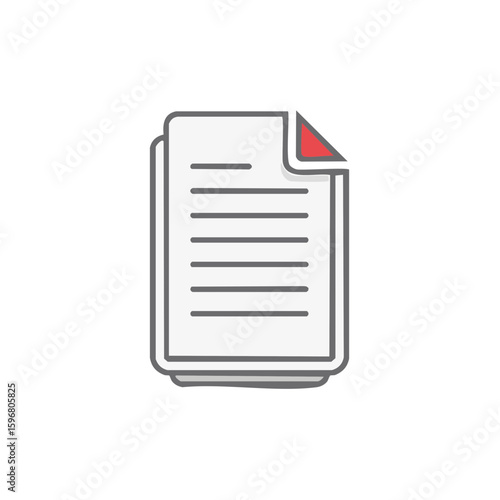 Stack of white documents with red corner pages filled with written lines and thick outline vector illustration paperwork