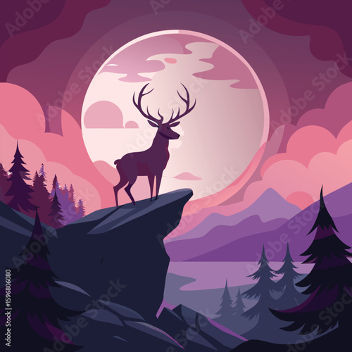 Composition of a circle an with elk staying on the top of the mountain