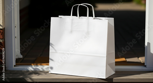 A pristine white shopping bag rests gently on a porch step, awaiting pickup or symbolizing a convenient delivery service.