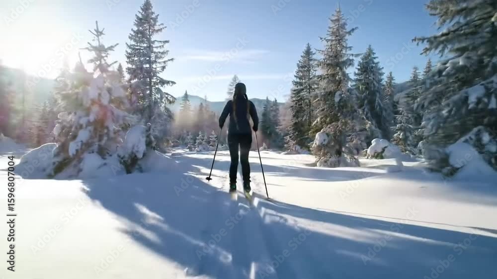 Woman CrossCountry Skiing Through Snowy Winter Forest on Sunny Day. Woman CrossCountry Skiing Through Snowy Winter Forest on Sunny Day.